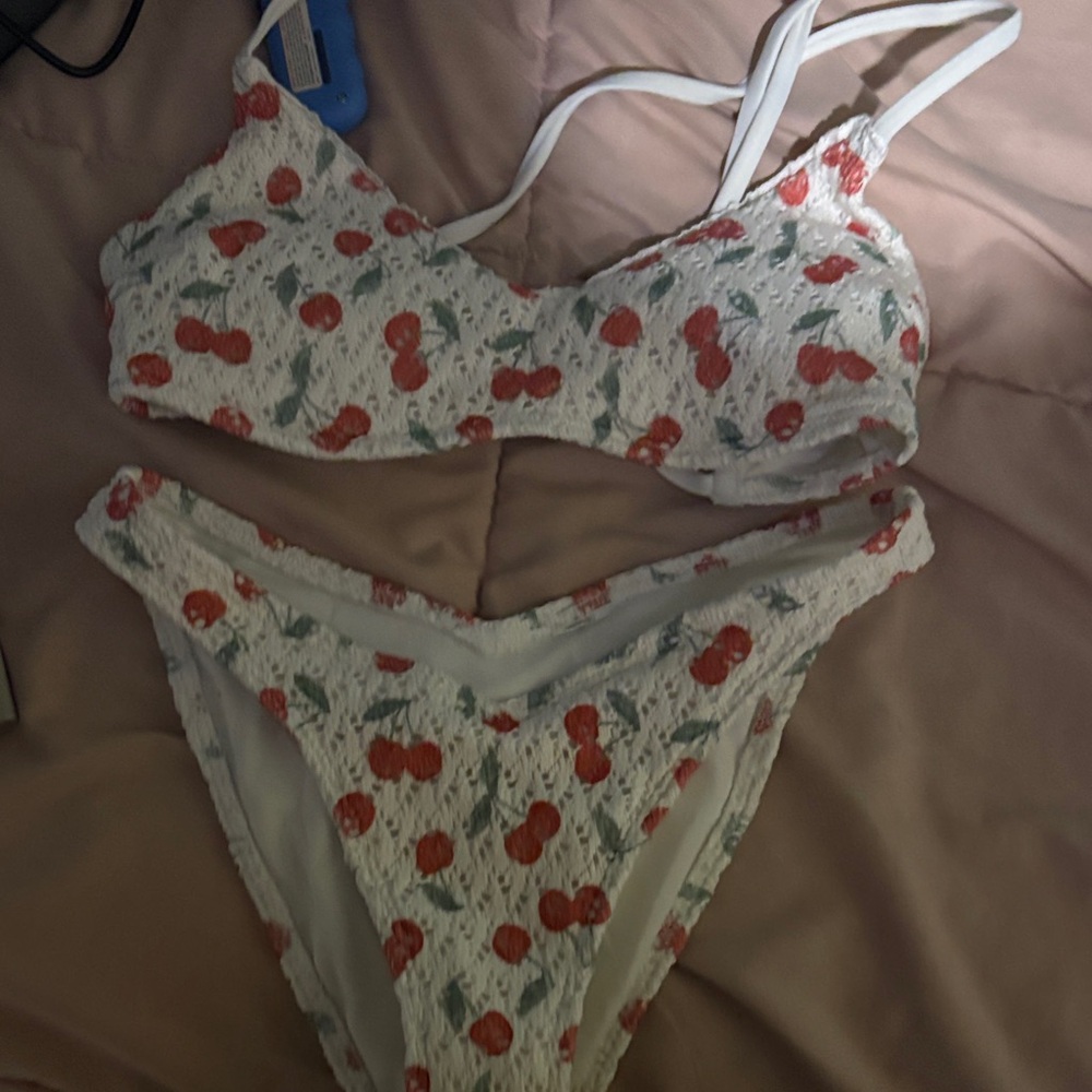 Hollister Cherry Print Bra Set - White and Red